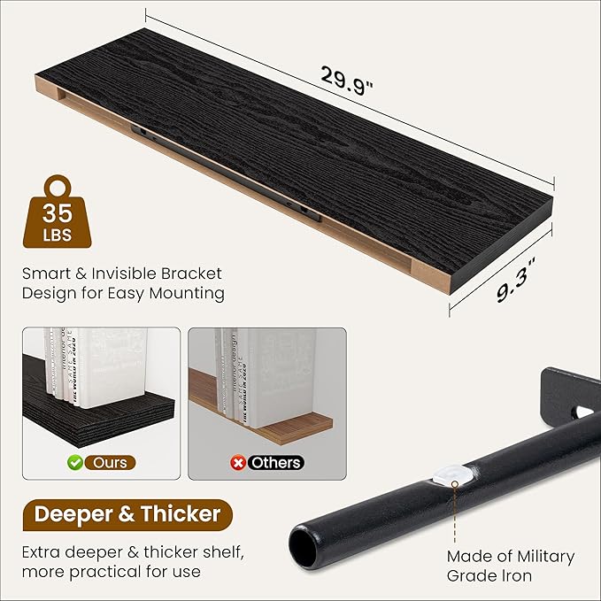 Fun Memories 9.3Inch Deep Floating Shelves for Wall, 30 Inch Rustic Wood Wall Mounted Shelves for Bathroom, Bedroom, Kitchen, Deep Floating Shelf for Storage & Home Decor (Black, Set of 2)