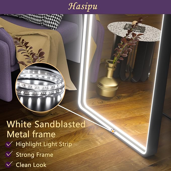 Hasipu 56" x 16" Led Mirror Full Length, Arch Mirror Full Length with Lights, Floor Full Body Glass with Stand,Tempered Glass,Shatter-Proof, Dimming & 3 Color for Bedroom Cloakroom-UL