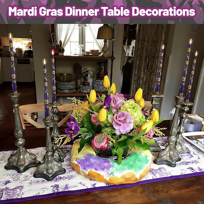Threlaco 6 Pcs Mardi Gras Taper Candles 9.8" Purple Green Gold Beads Crowns Long Taper Candlesticks New Orleans Decorations Unscented Candles for Mardi Gras Party Gift Home Table Decor