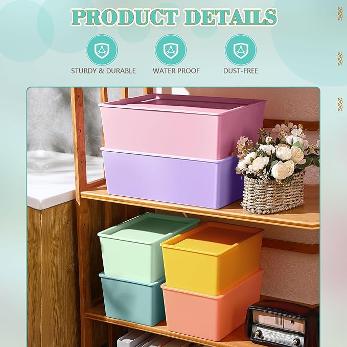 Menkxi 6 Pcs Plastic Storage Bins with Lids Stackable Storage Containers Durable Box Baskets for Organizing Shelves Playroom Classroom Office (Macaron Color,Large and Small)