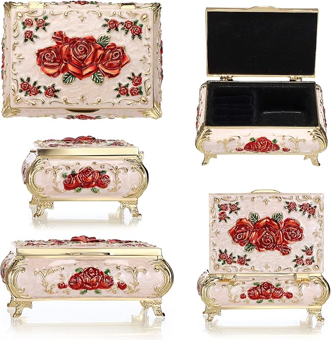 Hipiwe Vintage Metal Jewelry Box Small Treasure Chest Case Trinket Organizer Earrings Necklace Bracelet Storage Box Ring Box Holder Keepsake Box for Women