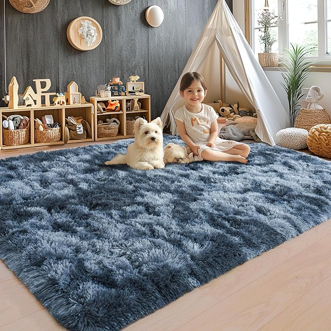 8x10 Area Rugs for Living Room, Ultra Soft Fluffy Large Shaggy Rug Carpet for Bedroom, Non-Slip Fuzzy Plush Rugs for Nursery Boys Girls Kids Room Modern Indoor Home Decor, Tie-Dyed Blue Grey