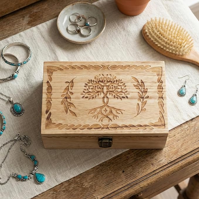 Keepsake Box 7.8" Vintage Wooden Box with Hinged Lid - Decorative Small Memory Chest for Women & Girls, Wooden Jewelry Box with Hand-Engraved Tree of Life