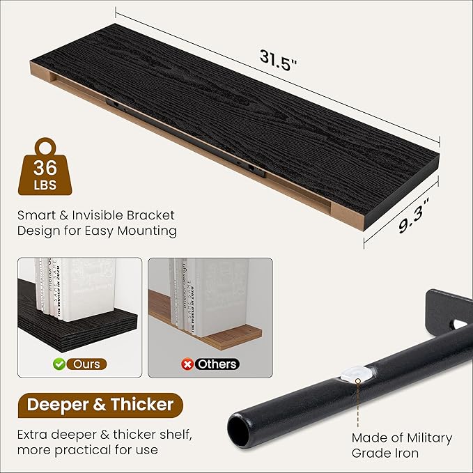 Fun Memories 9.3Inch Deep Floating Shelves for Wall, 32 Inch Rustic Wood Wall Mounted Shelves for Bathroom, Bedroom, Kitchen, Deep Floating Shelf for Storage & Home Decor (Black, Set of 2)