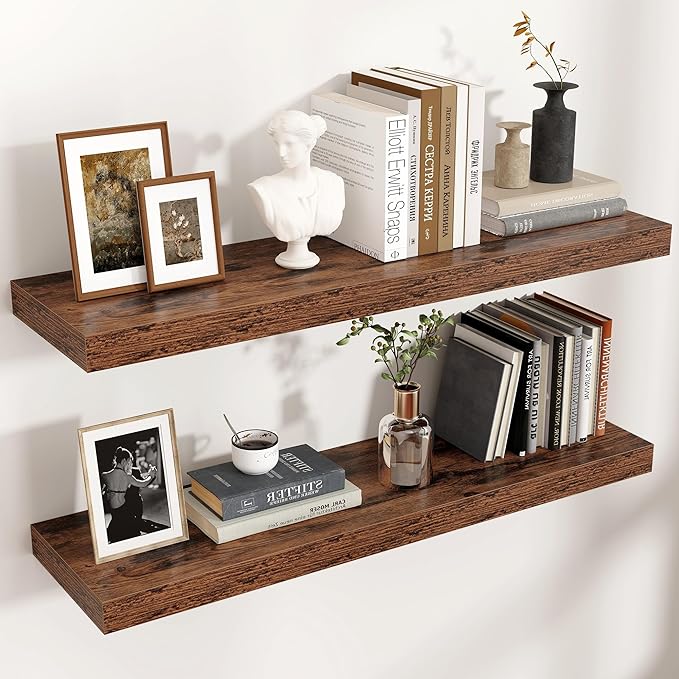 Venusmiles Floating Shelves for Wall, Engineered Wood Wall Shelves with Invisible Brackets for Living Room Bedroom Bathroom Office Kitchen Decor and Storage (Brown, 36" W x 9" D x 1.5" H) Set of 2