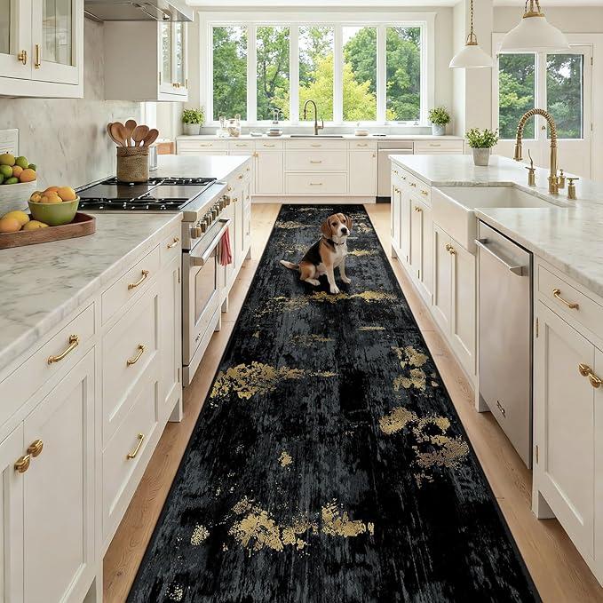 RELEANY Washable Area Rugs 3x12 Non-Slip Modern Abstract Soft for Living Room Entryway Bedroom Nursery, Print Pattern, Dark Black Gold