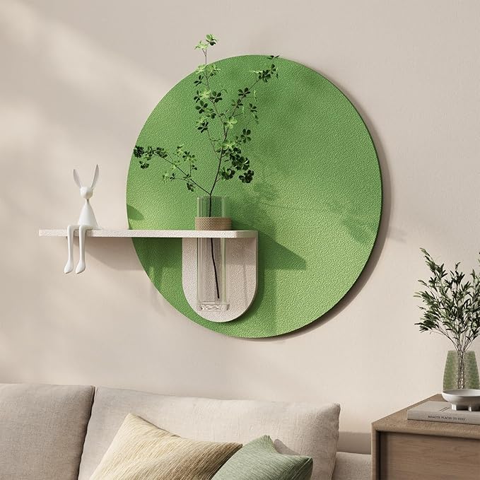 3D Textured Sage Green Round Wall Art Decor with Shelf, Minimalist Green Artwork for Walls with Vase, Sandstone Texture Wall Decor for Living Room, Hallway, Dining Room, Bedroom, Office, 24x24 Inch