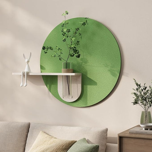 3D Textured Sage Green Round Wall Art Decor with Shelf, Minimalist Green Artwork for Walls with Vase, Sandstone Texture Wall Decor for Living Room, Hallway, Dining Room, Bedroom, Office, 24x24 Inch