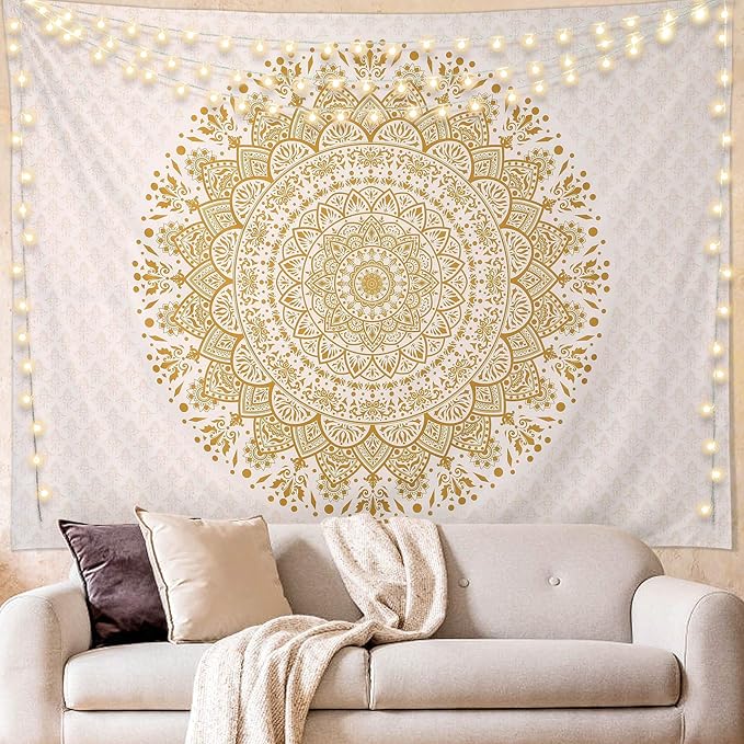 Edeesky White Golden Mandala Tapestry Wall Hanging Psychedelic Medallion Wall Tapestry Aesthetic Indian Hippie Decor Bohemian Art Boho Home Decoration for Bedroom,Living Room,Dorm