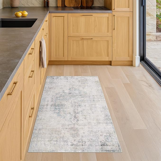 Light Blue 2x4 Runner Rug for Bathroom, Entryway Indoor, Kitchen Floor Waterproof, Powder Room, Washable Non Slip Low Pile Stain & Fade Resistant, Modern Eclectic Dusty Blue Décor