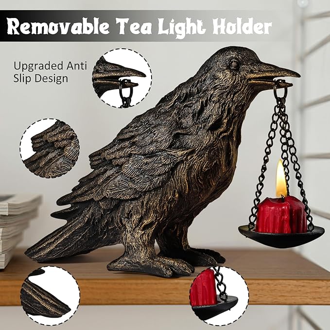 Gothic Crow Lamp with Tealight Candle Holder Resin Raven Decor Statue Gothic Home Decor for Bedroom Unique Goth Gifts Half Gold 2P