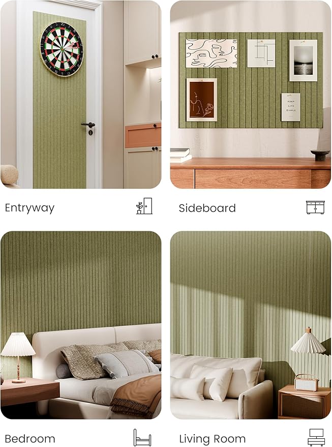Bumusty Large Cork Board Alternative-36 x 24" Felt Bulletin Board Tiles, with 30 Pushpins, 40 Adhesive Tabs, Fine-Stripe 6-Pack, Cork Boards for Office Push Pin Board Felt Board-Olive Green