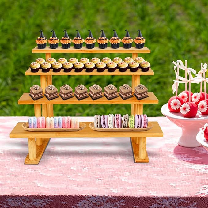 Risers Display 4 Tier Stands Wooden Cologne Organizer, Dessert Table Display Set, Makeup Organizer for Vanity, Food Display Stands for Party, Tiered Tray Perfume Stand, Counter Spice Shelf Risers