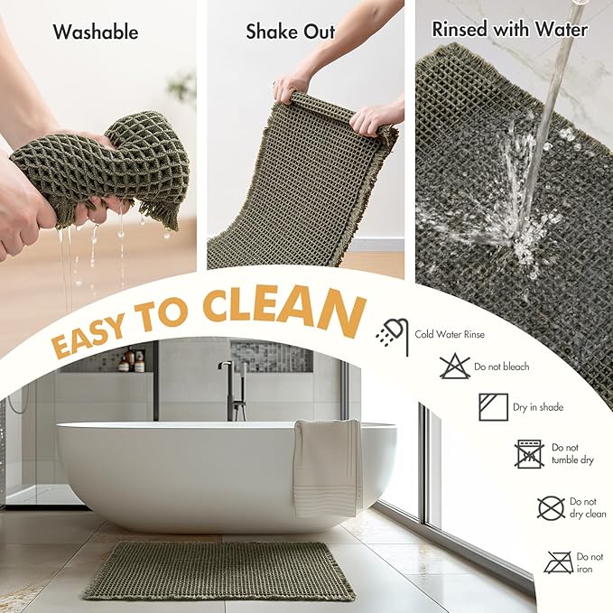 MIULEE Set of 2 Waffle Bathroom Runner Rugs, Boho Bath Rugs Non Slip, Super Absorbent Runner Bath Mats, Rubber Backed Shower Mats for Hallway Bedroom Laundry Room, Green, 2'x5'(24x60 Inch)