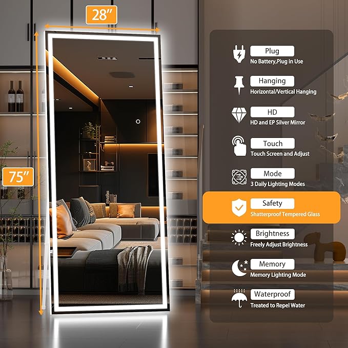 Hasipu Full Length Mirror with Lights, 75" x 28" LED Lighted Floor Standing, Full Body Dressing Hanging Mounted Mirror, Tempered Glass, Square White
