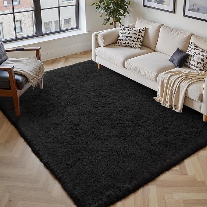 PureCozy 5x8 Area Rug for Living Room, Modern Black Super Shag Shaggy Soft Washable Indoor Fuzzy Carpet Non-Slip Fluffy Rugs for Bedroom Home Aesthetic Decor