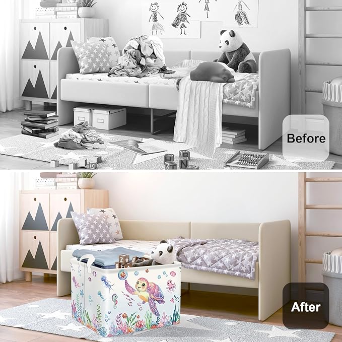 Ocean Animals Baby Laundry Hamper Collapsible Clothes Kids Storage Basket Large Boys Girls Gift Toy Box Bin for Nursery Room, Sea Turtle, 36L