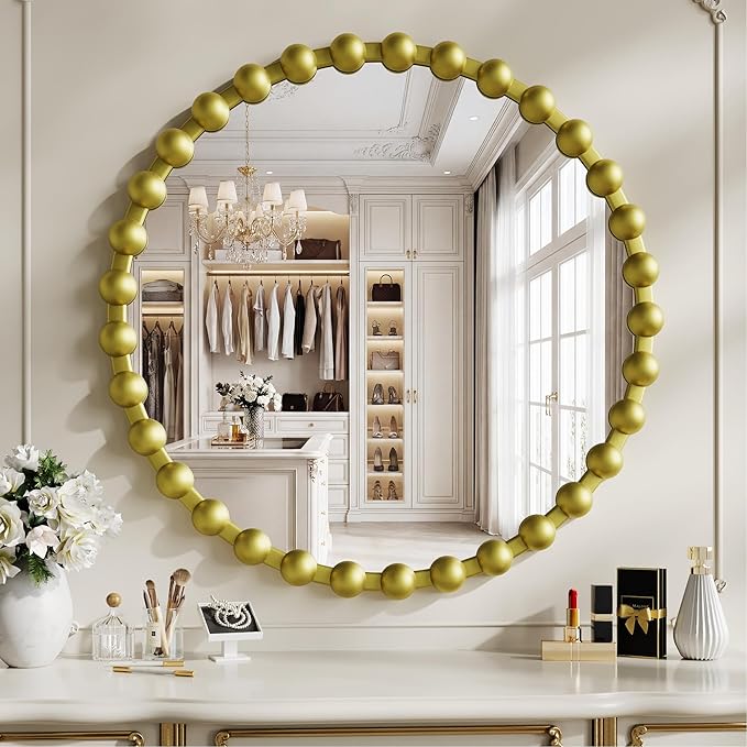Round Vanity Mirror for Wall, 28 Inch Beaded Frame Circle Mirror for Bedroom Dresser, Bathroom, Entryway, Living Room, Decorative Hanging Wall Mirror, Gold
