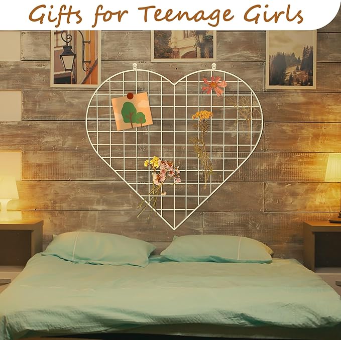 ECLENYES Grid Photo Wall Panels - 22.4"x20.4" Heart Shape Iron Rack Art Wire Board, Wall Grid Organizer, DIY Photo Frame for Home, Office, Kitchen, Bedroom, Christmas Gifts - White
