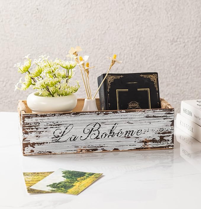 TIMRIS Farmhouse Distressed Wooden Storage Box, Rustic Bathroom Decor Box, Decorative Toilet Tank Basket, Vintage Countertop Organizer Box with Handles (Distressed White)