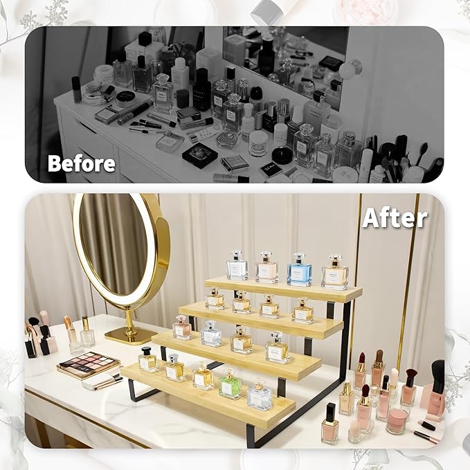 Bamboo Display Risers, 4 Tier Cologne Stand Perfume Organizer for Men, Large Cupcake Dessert Shelf for Party, Riser Stand for Decoration and Organizer, Party, Makeup, Figures, Cupcake