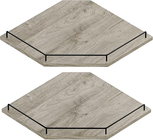 JJL Corner Shelf Wall Mounted, 12 Inches 2-Tier Floating Corner Shelf, Hexagon Rustic Wood Decor with Fence, Gray Wood Grain Wall Shelves for Apartment Bedroom Kitchen Bathroom