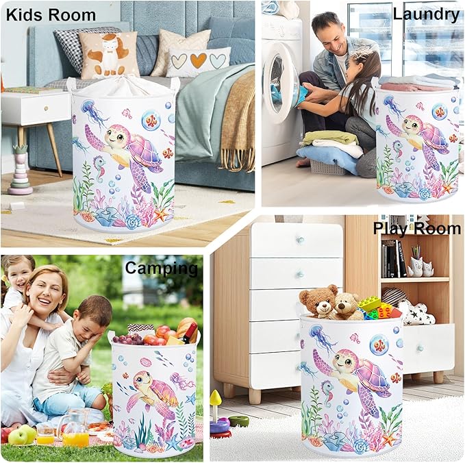 Ocean Animals Baby Laundry Hamper Collapsible Clothes Kids Storage Basket Large Boys Girls Gift Toy Box Bin for Nursery Room, Sea Turtle, 63L