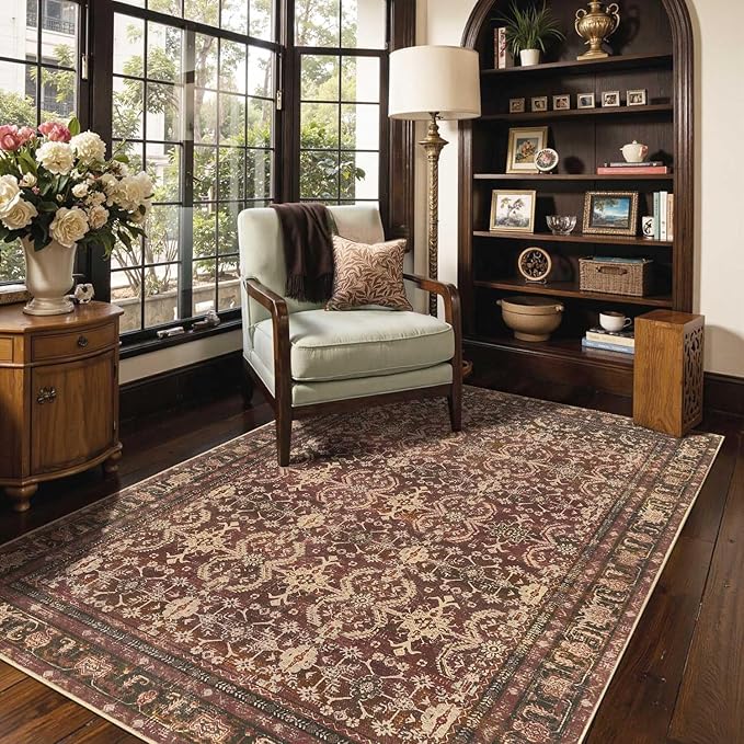Rugxara Area Rugs for Living Room Bedroom, Washable Christmas Rug, Vintage Oriental Boho Rug, Non Slip & Low Pile Faux Wool Thin Accent Carpet for Indoor Dining Room, Kids Room and Office(Red 4x6ft)