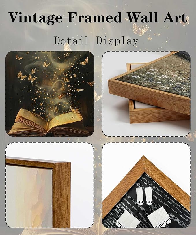 Framed Moody Victorian Bookish Wall Art Dark Academia Library Canvas Wall Decor Picture Vintage Reading Nook Butterfly Aesthetic Painting Poster Print for Gallery Library Bookstore Decoration 8x10in