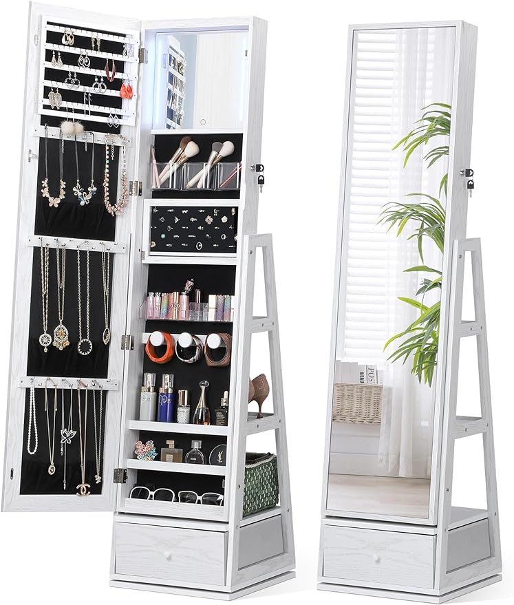 Nicetree 360° Swivel Jewelry Cabinet with Lights, Touch Screen Vanity Mirror, Rotatable Full Length Mirror with Jewelry Storage, Standing Jewelry Armoire Organizer, Foldable Makeup Shelf, White