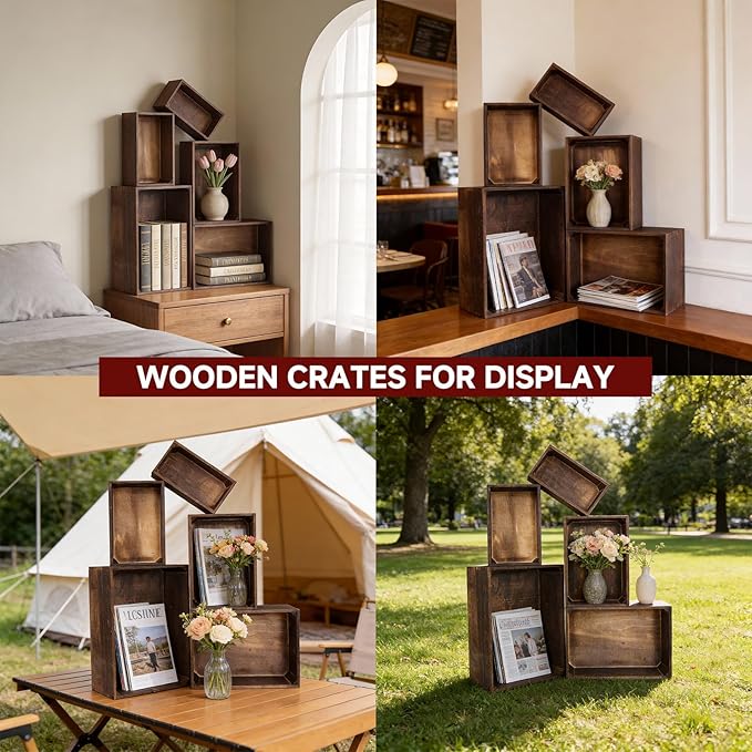 Wooden Crates for Display 5 Pack Extra Large Rustic Nesting Wooden Basket with Handle, Farmhouse Wood Crate for Storage and Container Multipurpose Wood Basket for Fruits Vegetables Boxes