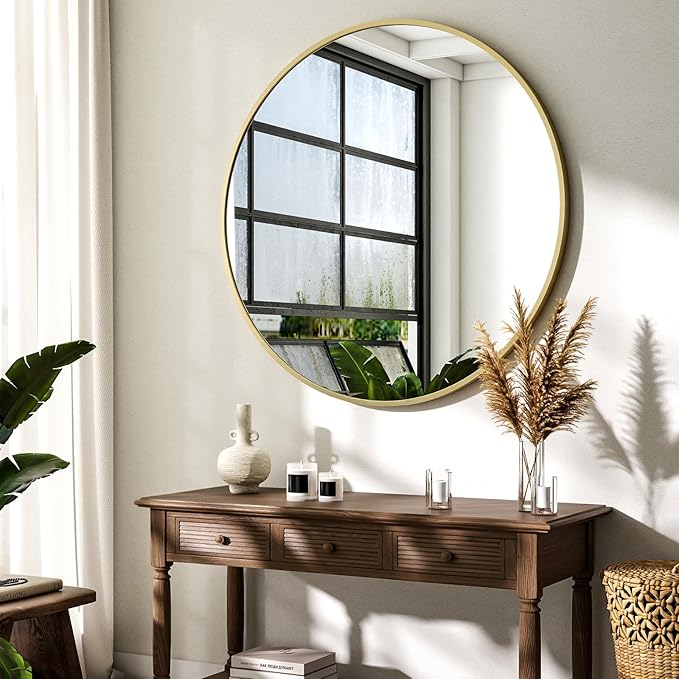 XRAMFY 36 Inch Round Mirror - Circle Mirrors for Bathroom, Entryway and Living Room Wall Decor, Modern Hanging Vanity Mirror, Matte Gold Circle Decorative Wall Mirror