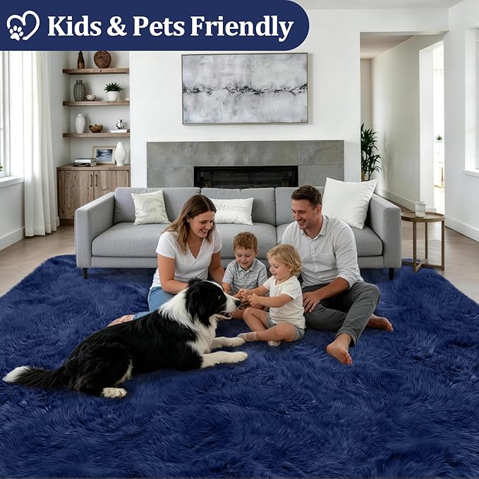 Fluffy 5x7 Area Rugs for Living Room Bedroom: Ultra Soft Shag Rug Non-Slip Non-Shedding Small Plush Bedside Rug Indoor Floor Carpets for Kids Room Playroom Entryway Nursery Dorms Home Decor Blue