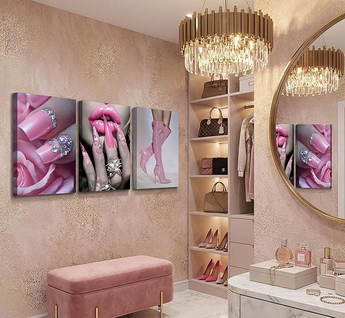 3Pcs Fashion Pink Women Canvas Wall Art Glam Funky Maiden High Heel Pictures Wall Decor Elegant Dreamy Lips Pink Posters Prints Paintings for Living Room Bedroom Home Decoration Prepare To Hang