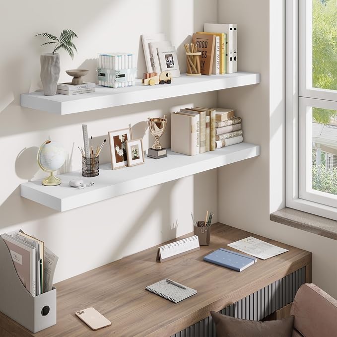 Fun Memories 10 Inch Deep Shelves, Floating Shelves for Wall 48 Inches Long, Wood Floating Shelves for Wall, Large Storage Shelves Wall Mount for Living Room Bedroom, White, Set of 1