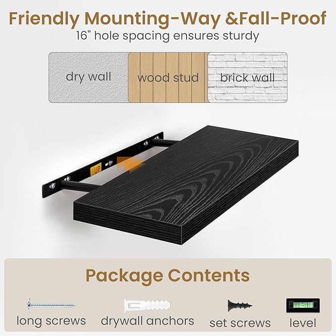 Fun Memories Black Floating Shelves 24 Inch Long, 9.3 Inch Deep Floating Shelf for Lving Room, Bedoom, Kitchen, Deep Wall Shelves for Bathroom, 2 Pack Storage Display Shelf for Books, Decors
