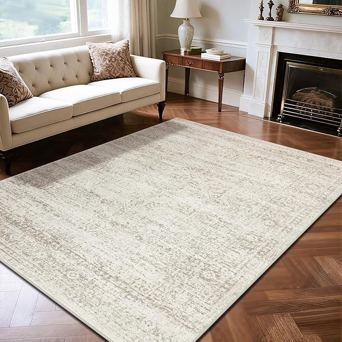 Srugn Washable Rugs 6x9 Area Rugs for Living Room,Rugs for Bedroom, Large Carpets,Ultra Soft Faux Wool Retro Dining Room Rug,Non Slip&Non-Shedding Low Pile Vintage Print Rug Indoor for Home Office