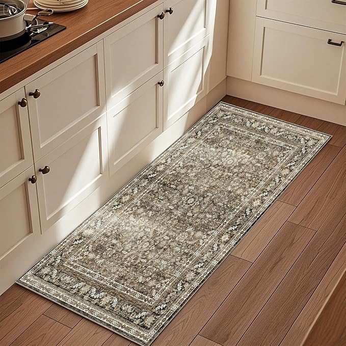 OPPODREAM Vintage Brown 2x6 Runner Rug, 2 x 6 Retro Washable Rug Non Slip, Low-Pile Faux Wool Carpet, Distressed Floor Mat for Kitchen, Hallway, Entry-Way, Entrance, Indoor Back Door