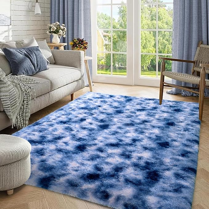 Fuzzy Blue White Rug for Bedroom Soft Fluffy 4x6 ft Living Room Rug Non-Slip Area Rugs Shag Carpet for Nursery Kids Play Room Dorm Office Indoor Modern Plush Carpets