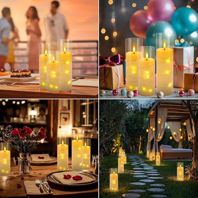 24 Pcs LED Flameless Candles with Remote, 3D Flickering Flame & LED String Lights, Acrylic Clear Cylinder, Timer Function, Romantic Ambience for Home Decor, Party, Wedding (Ivory).
