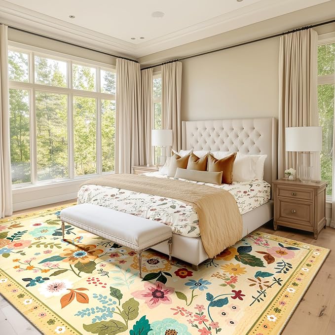 RELEANY Floral Nursery 6x9 Area Rugs Washable Print Boho Cute Carpet Non Slip Flower Low Pile for Living Room Kids Girls Playroom Bedroom Kitchen Office Farmhouse-Ivory/Yellow