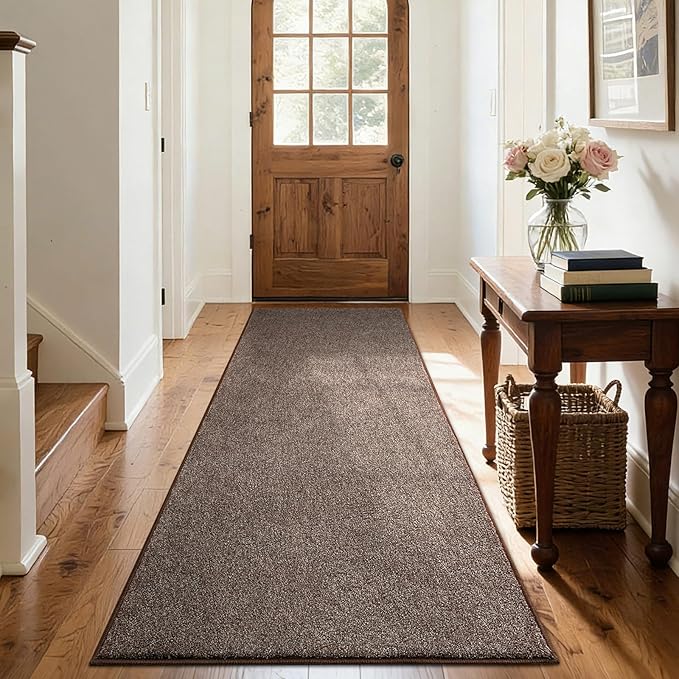 FinRèc 2x6 Washable Runner Rugs for Kitchen Hallway Bedroom, Low Pile Thin Rug Solid Color, Non-Slip Carpet Indoor for Home Decor (Brown/White)