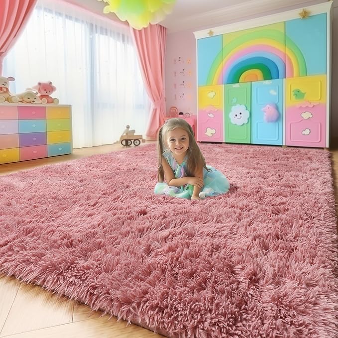 Amdrebio Blush Pink Area Rugs for Living Room Girls Bedroom, 6x9 Kawaii Shaggy Fluffy Rugs for Kids Room Playroom, Plush Shag Fuzzy Furry Carpet for Nursery Dorm Classroom, Cute Dusty Rose Mauve Rug