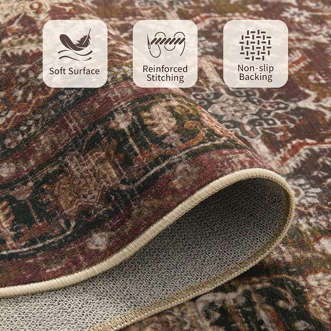 Rugxara Area Rugs for Living Room Bedroom, Washable Christmas Rug, Vintage Oriental Boho Rug, Non Slip & Low Pile Faux Wool Thin Accent Carpet for Indoor Dining Room, Kids Room and Office(Red 4x6ft)