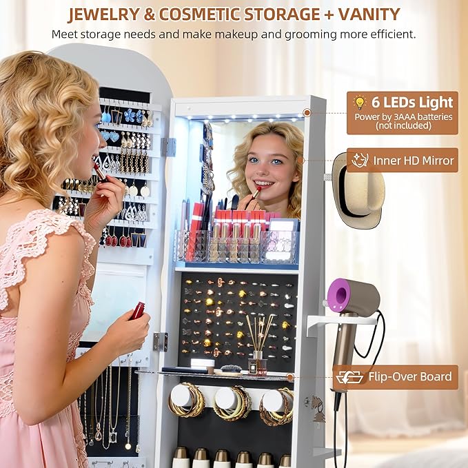 Vlsrka LED Mirror Jewelry Cabinet Standing, 360° Swivel Jewelry Aromire Organizer with Wavy Mirror, Lockable Jewelry Mirror with Storage, Jewelry Cabinet, Interior Mirror, Flodable Shelf, (LED White)