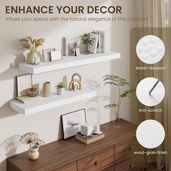 Fun Memories 12" Deep Floating Shelves for Wall, 36" W x 12" D Floating Shelves, Long Wood Floating Wall Shelf for Living Room Bathroom Bedroom Kitchen, White, Set of 2