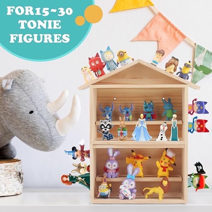 House Wooden Shelf for Tonies Box Storage Magnetic, Compatible with 15~30 Tonies Figures Characters, Combined or Split-Type Design, Wall-Mounted + Tabletop Placement