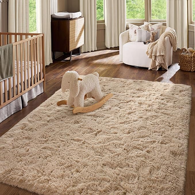 Bedroom Rugs Fluffy Neutral 3x5 Beige Area Rug, Modern Plush Non-Slip Soft Living Room Shag Carpet for Book Room Office,Coffee Stain Resistant