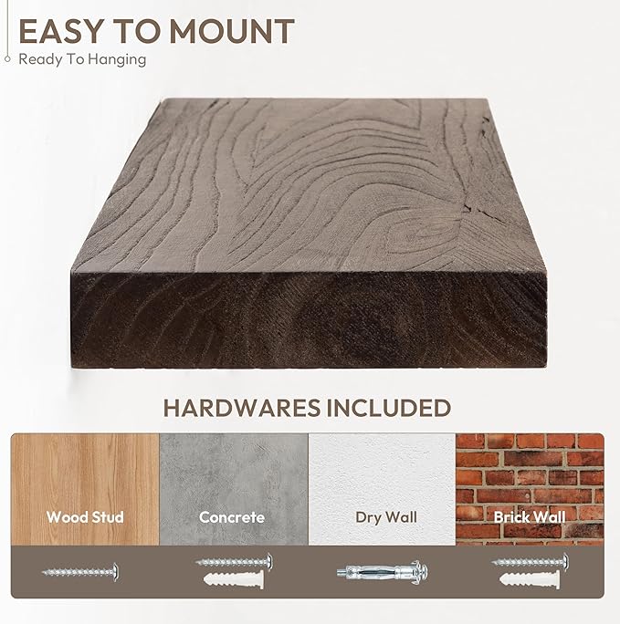 Marsmiles 72 inch Floating Shelves for Wall Solid Elm Wood Wall Mounted Shelves|Rustic Long Floating Shelves with Invisible Bracket for Bathroom Living Room Kitchen|Walnut, 1 Pack