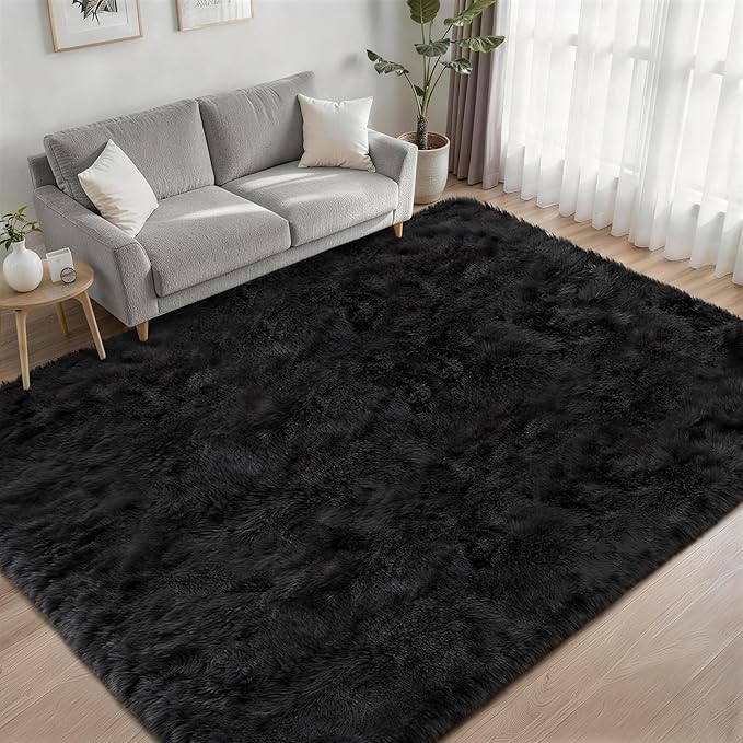 6x9 Area Rugs for Living Room Bedroom: Ultra Soft Fluffy Shag Rug Upgrade Non-Slip Non-Shedding Large Fuzzy Plush Carpet Indoor Floor Carpets for Kids Room Playroom Nursery Dorms Home Decor Black